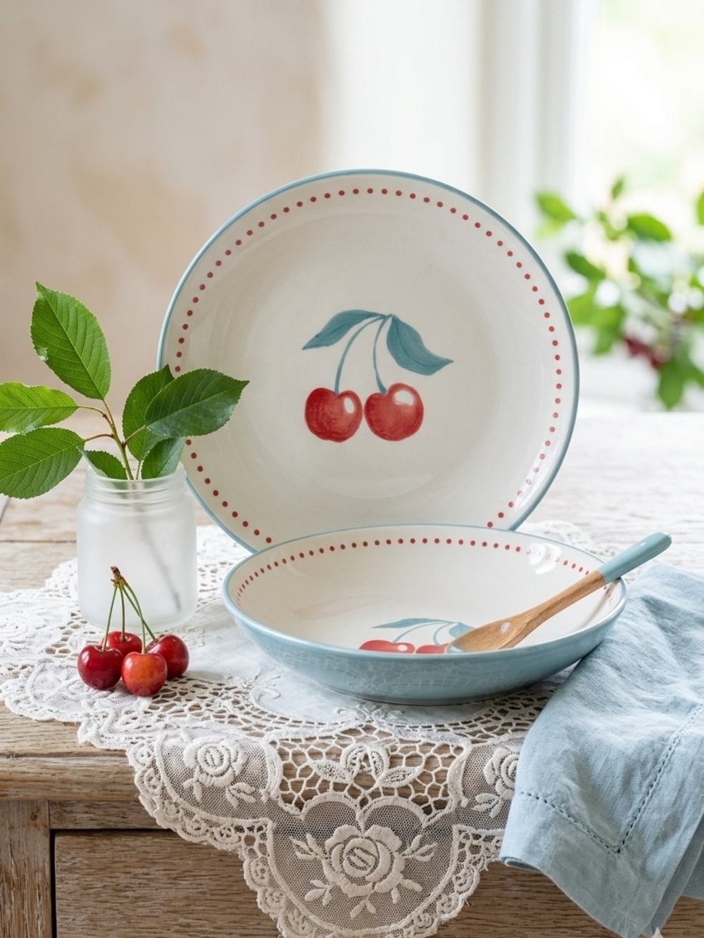 Casa Moderna Cherry Plates – Bowl & Bread Plate – Red Cherry Motif –
